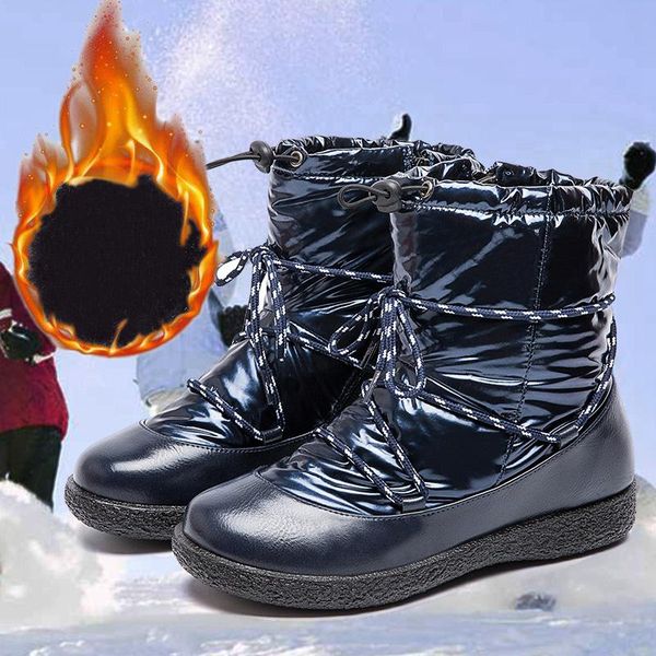 

women waterproof snow boots warm plush winter boots for woman cool zips lace up shoes female mid-calf platform boot plus size 43, Black