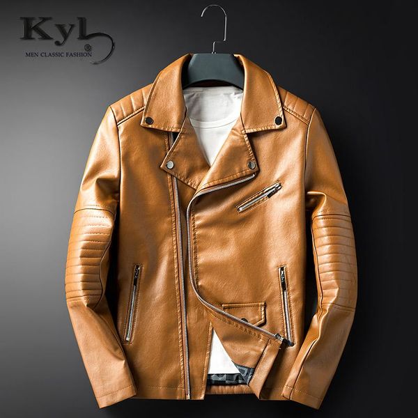 

kunyulang diagonal zipper leather jacket men2021new autumn soft faux washed leather jackets street mens motorcyle outwear bs1711, Black