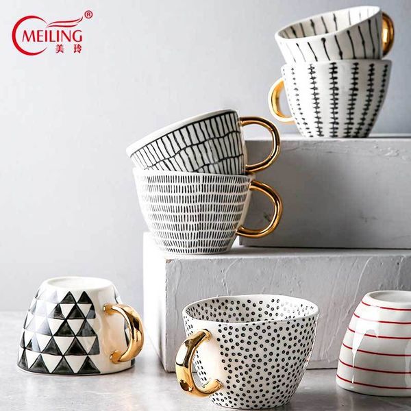 

creative irregular ceramic coffee mug with gold handgrip handmade big pottery tea cup travel kitchen tableware nordic home decor q1218