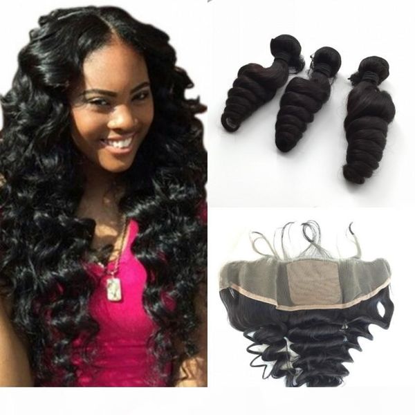 

peruvian loose wave with silk base lace frontal closure 13*4 ear to ear silk 4*4 lace frontal with bundles, Black