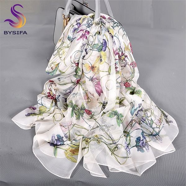 

bysifa] white 100% silk scarf cape fashion floral design long scarves women summer utralong beach shawl winter scarves180*110cm t200103, Blue;gray