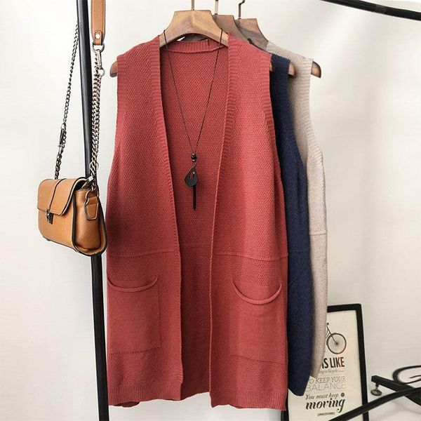 

women's vests 2021 spring autumn sweater vest loose simple waistcoat trendy mid-length knitted cardigan chic sleeveless jacket y1101, Black;white