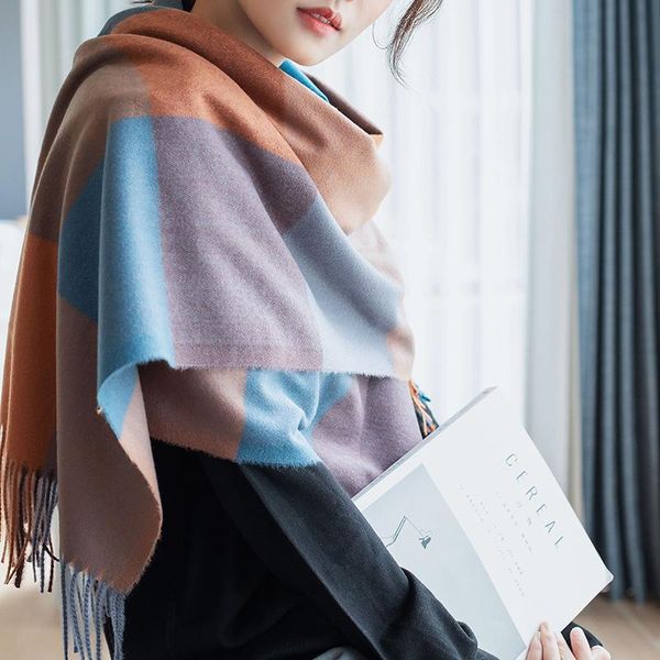 

scarves women's autumn winter thickened warm cashmere plaid scarf hijab szalik zimowy bufanda, Blue;gray