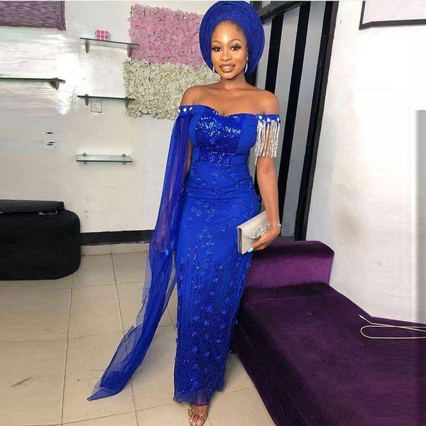 

royal blue mermaid evening dresses african off shoulder women formal wear prom dress flowers tassels beads vestidos de fiesta, Black;red