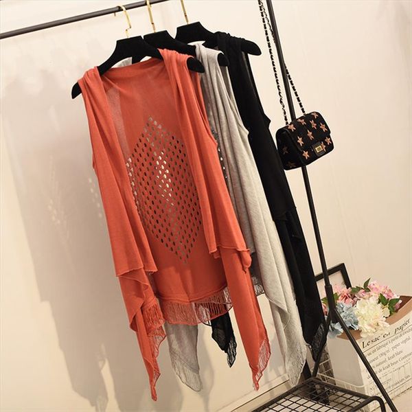 

european knitted waistcoat women hollow out vest fashion elegant office lady coat outwear summer sleeveless tassel jacket 1106, Black;white