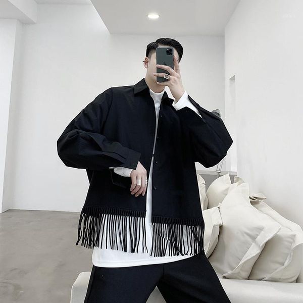 

2020 autumn fashion tassel oversized shirt men vintage oversized short shirts dj singer stage costume punk hip hop blouse1, White;black