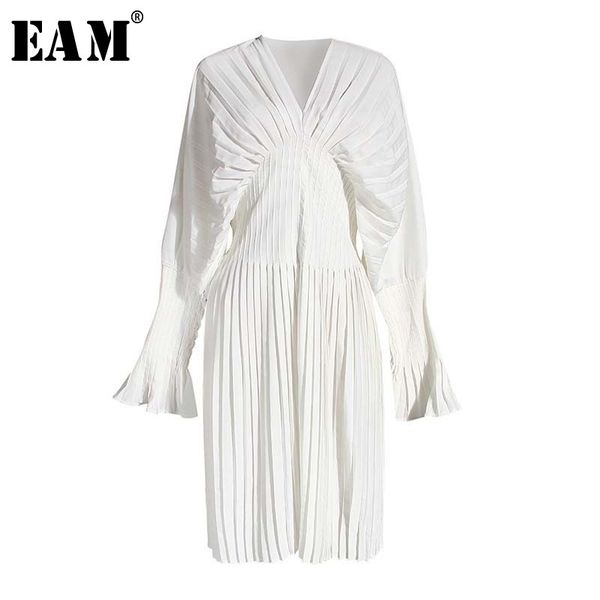 

[eam] women white pleated split big size long blouse new v-collar long sleeve loose fit shirt fashion spring summer 1w326 201130
