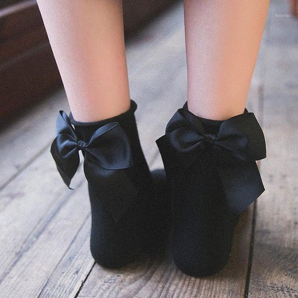 

female ribbed pure colors women socks bow ruffle ankle high socks butterfly knot cotton1, Black;white