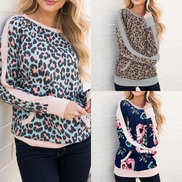 

m9enw шеи пальто футболку 2019 женщин осень зима новый леопард длинный рукав реглан сверху камуфляж круглый верх футболки bobta, White