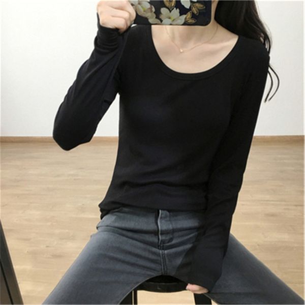 

nnm85 slim solid color versatile twith round neck elastic and autumn fit open korean tshirt collar bone and long sleeve shir bottomin, White