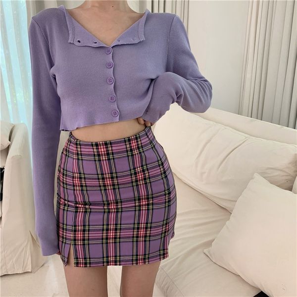 

short knitted cardigan + set purple short knitted cardigan plaid skirt + purple plaid skirt set qgcpc, Gray