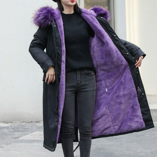 

2020 women parkas plus size loose female winter coat thick x-long with fur liner ladies coats and jackets solid hooded outerwear1, Black