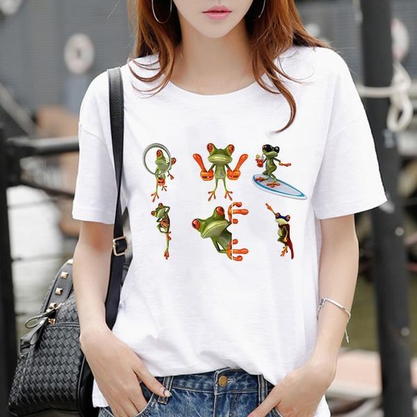 

frog print woman tshirts women's new summer harajuku fun cute animal pattern t shirt female casual short sleeve t-shirt, White