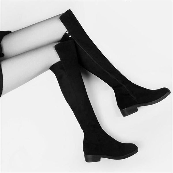 

slim fit elastic flock over the knee boots women autumn winter long thigh high boots low heel female shoes1, Black