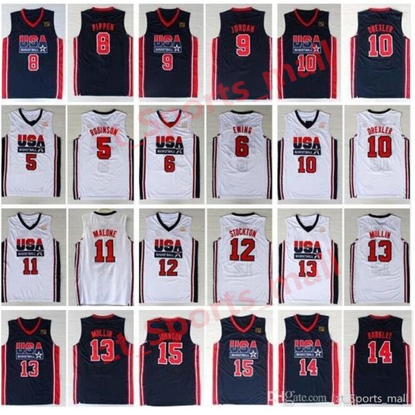 

men's 1992 shirt jersey leitner 4 robinson 5 ewing 6 birds 7 pippen 8 michael 9 drexler 10 malone 11 johnson 15 white blue basketball s, Black;red