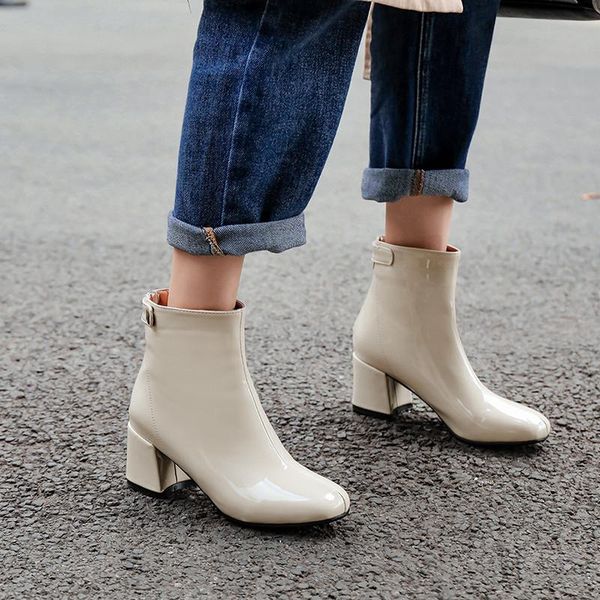 

2020 autumn winter booties ankle boots for women block high heels black beige ladies shoes patent pu daily shoe footwear