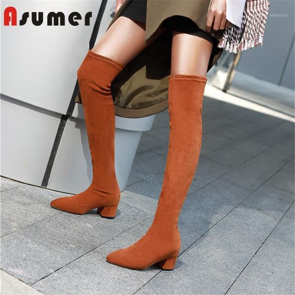 

boots asumer 2021 over the knee women pointed toe square heel stretch slim fashion party prom shoes woman1, Black
