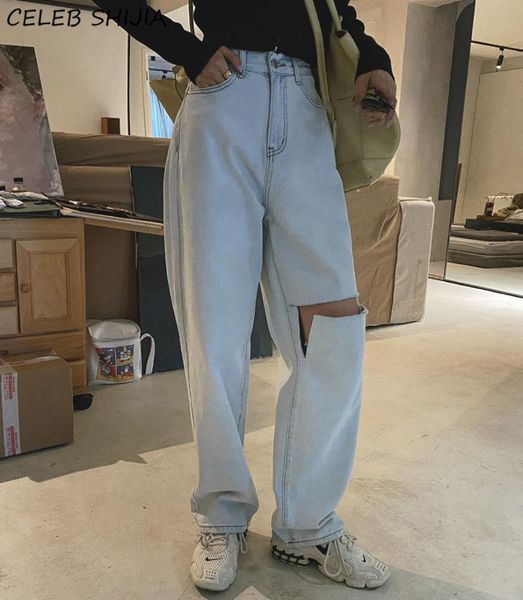 

new casual ripped jeans for women loose light blue straight leg denim pants female hole vintage y2k loose trousers mom bottoms