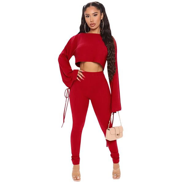 

womens 2 piece outfits long sleeve lace up crop bodycon pants set romper tracksuits clubwear, Gray