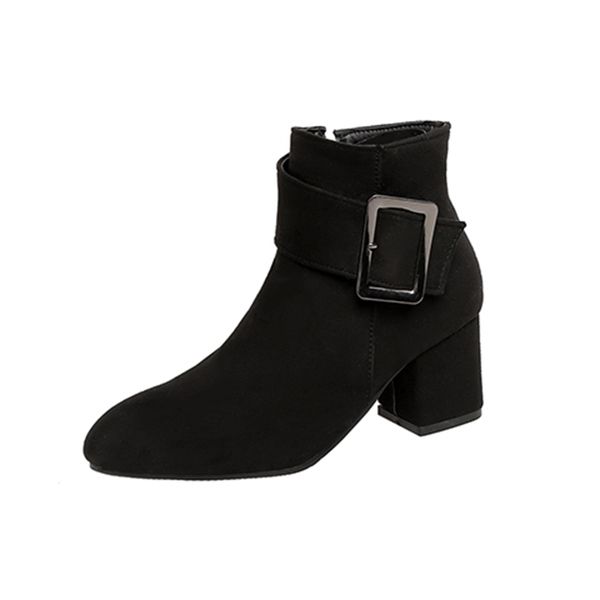 

2021 the new comfortable casual style round in the ankle black buckle yellow zipper high heels women's riding boots wl69