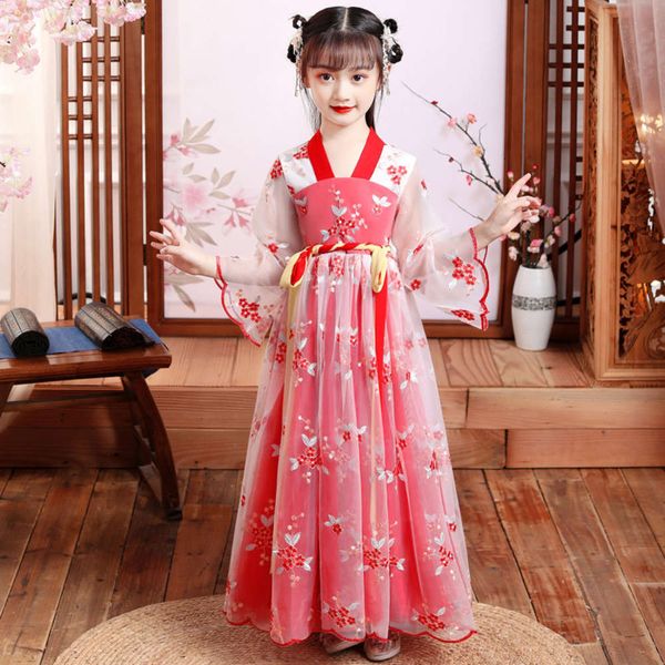 

2020 new hanfu princs foreign sle children's girls' summer drs, Red;yellow