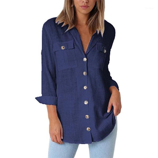 

women's blouses & shirts blusa feminina blouse shirt women womens and 2021 autumn v-neck 2 side pocket long sleeve casual chiffon ladi, White