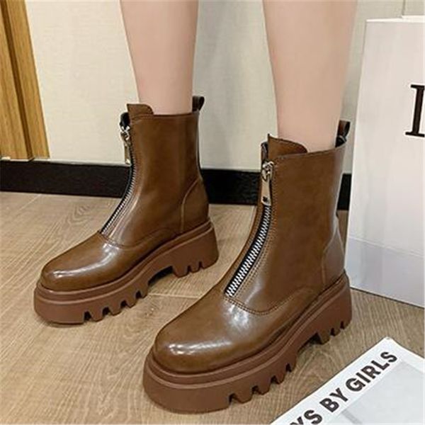 

2021 new winter women's chunky leather boots female punk shoes black bootie my9i