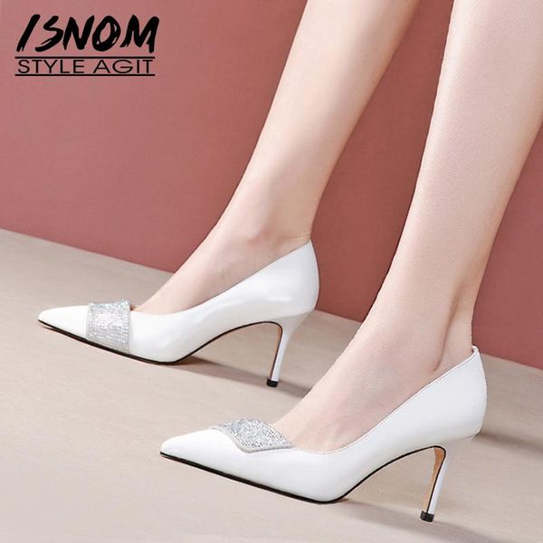 

isnom genuine leather pumps shoes woman pointed toe crystal thin high heels pumps stilettos ladies shoes wedding shoe, Black