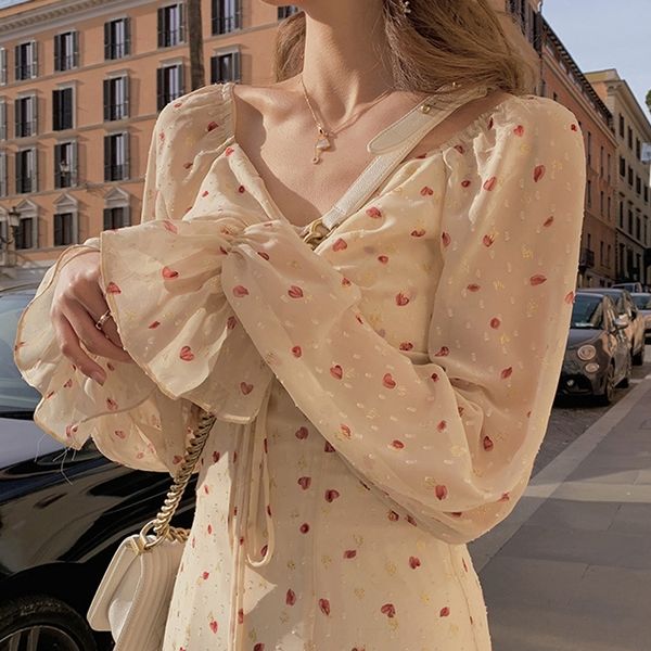 

5fer8 new french style romantic waistline in chiffon spring 2020with dress long square neck and long sleeve floral ulj52 dress early, Black;gray