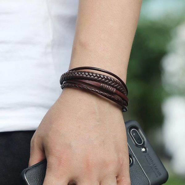 

charm bracelets bracelet men multilayer leather bangles magnetic-clasp cowhide braided multi layer wrap trendy armband pulsera hombre, Golden;silver