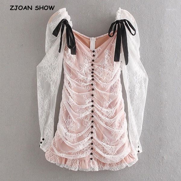 

puff long sleeves mini short white lace dress women black buttons bow tie strap ruched lacing up party dresses ruffles hem1, Black;gray