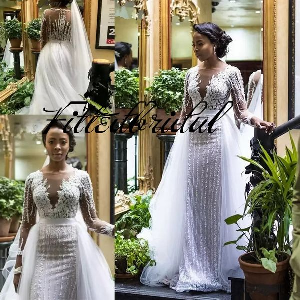 Luxo frisado mangas compridas Sereia vestido de noiva africano com trem destacável África do Sul Plus Size Nigéria Vestidos de casamento