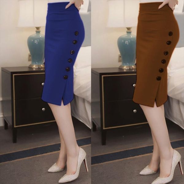 

women elegant slim pencil skirts high waist ladies skirt side split button office ladies bodycon fitted skirts kh856258, Black