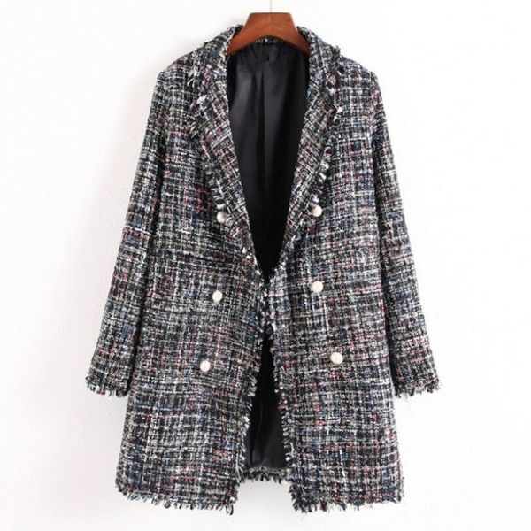 

2021 europe autumn/winter women's new fashion pearl buttons plaid tweed loose casual jacket outwear p1626 sfox, Black;brown