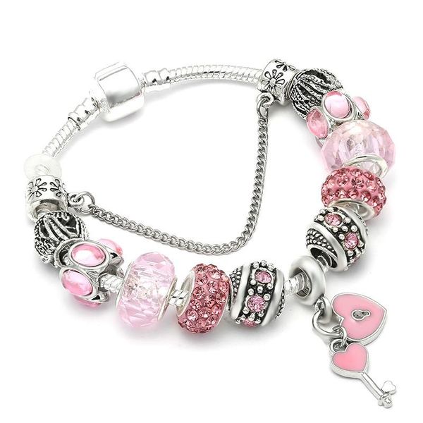 

european style fashion heart key charm bracelet pink crystal glass beads brand bracelets & bangles for women jewelry gift, Golden;silver