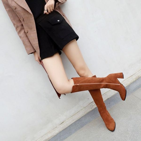 

boots big size fashion of simple slim women's with rough heel and point side zipper over knee, Black