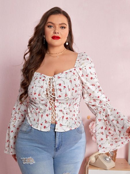 

plus floral print lace up front split sleeve blouse a4pz#, Black