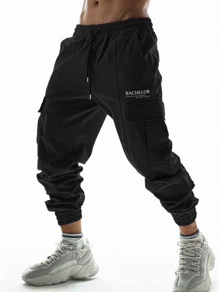 

men letter graphic flap pocket drawstring waist cargo pants g00i#, Black