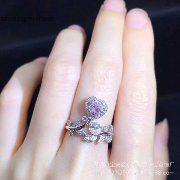 

heart-shaped pink diamond women's living opening jewelry olive leaf ring, Silver