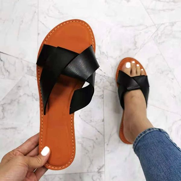 

2021 fashion summer women beach shoes outside flat with slides woman lady summer slippers solid color open-toe female sandals #3x2h, Black