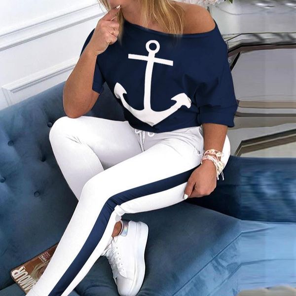 

2 piece set tracksuit women boat anchor print two piece set and pants femme clothes elastic waist long pants set two, Gray