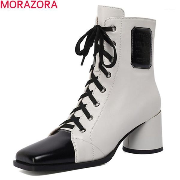 

morazora genuine leather boots fashion square toe high heels boots women autumn winter black white color ankle shoes1
