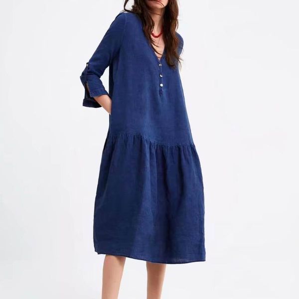 

women spring dress 2019 new fashion cotton ramie v-neck mid-calf casual dresses navy color feminino vestidos1, Black;gray