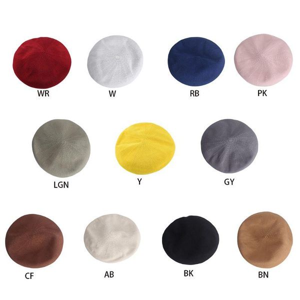 

women knitted beret flat cover ladies beanie hat breathable thin solid colors painter berets 2xpd, Blue;gray