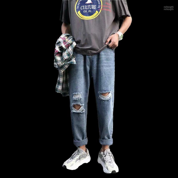 

fashion streetwear men's jeans vintage blue gray color skinny destroyed ripped jeans broken punk pants homme hip hop men1