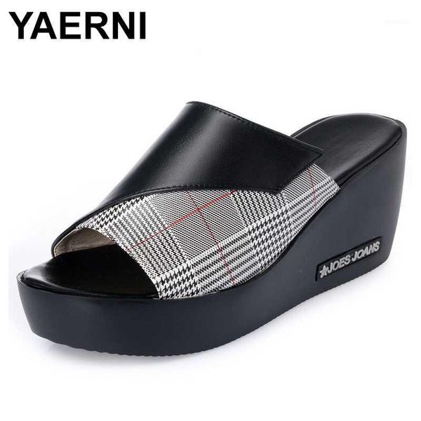 

slippers yaerni slipper woman 2021 platform flip flops summer women genuine leather high heel shoes big size 41 42 43 slipper1, Black