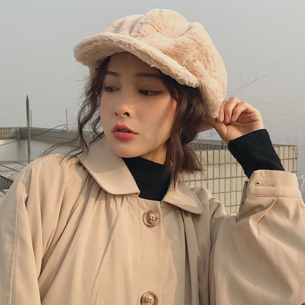 

ht2209 autumn winter women hats soft fleece fur women berets solid plain octagonal newsboy caps vintage artist painter women cap t200104, Blue;gray