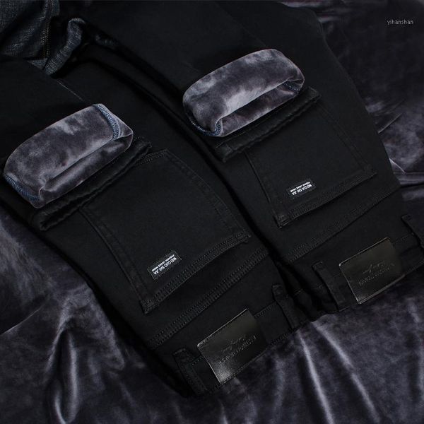 

2019 winter new men's warm jeans business casual elasticity thick slim denim pants brand trousers black plus size 40 421, Blue