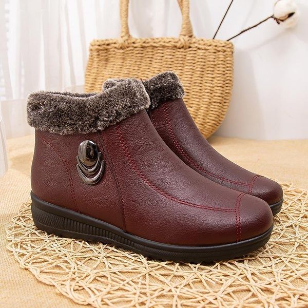 

women slip on warm plush snow boots ladies sewing short plush non slip on shallow solid mom shoes comfortable outdoor platform, Black