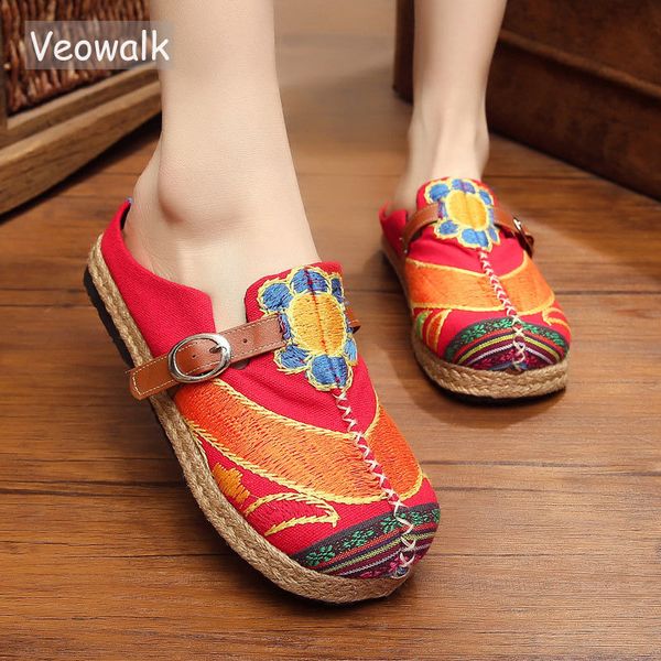 

veowalk colorful rainbow women casual linen knitted handmade mules slippers retro summer ladies casual canvas comfort shoes x1020, Black